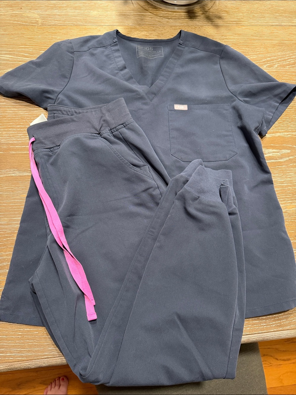Figs Women's grey Scrub Top and Jogger Set with Pink Drawstring